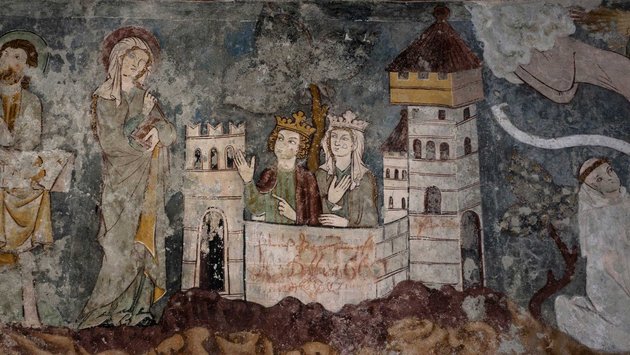 Eine Burg des Mittelalters als Fresko des Waltensburger Meisters in der Kapelle Hl. Maria Magdalena in Dusch
